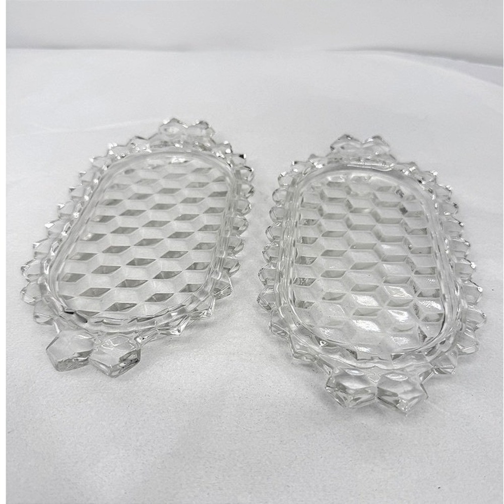 Fostoria American Glass Oval Trays Cube Pattern Clear Vintage Set of 2 Small